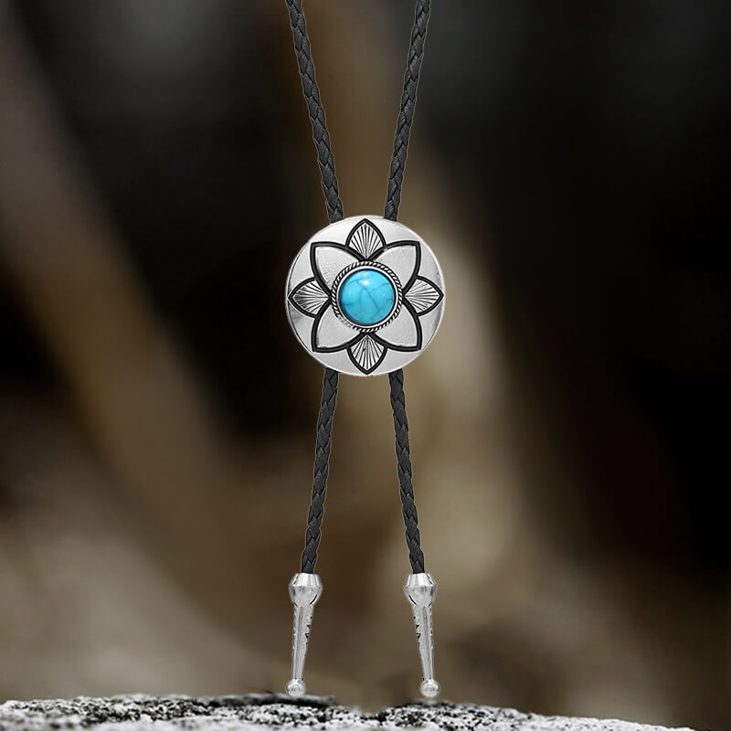 Vintage Petal Turquoise Leather Alloy Bolo Tie 02 | Gthic.com