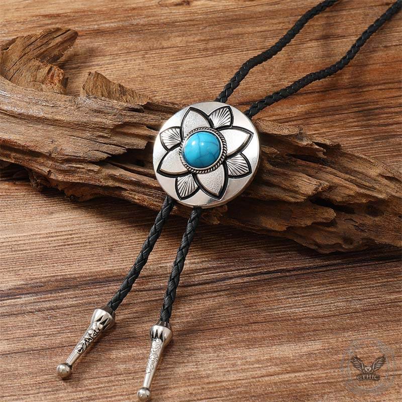 Vintage Petal Turquoise Leather Alloy Bolo Tie