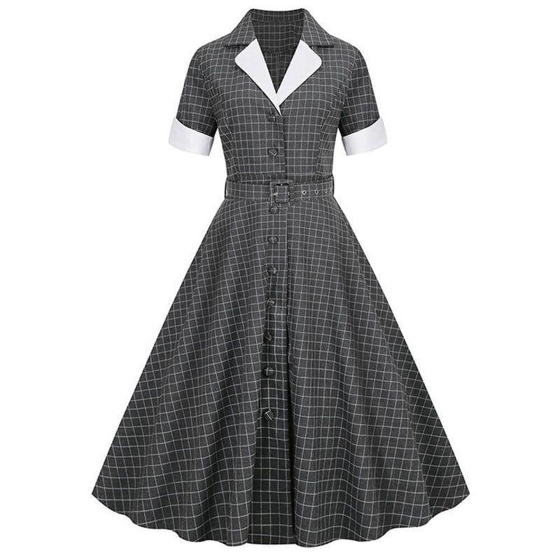 Vintage Plaid V-Neck Belted Dress | Gthic.com