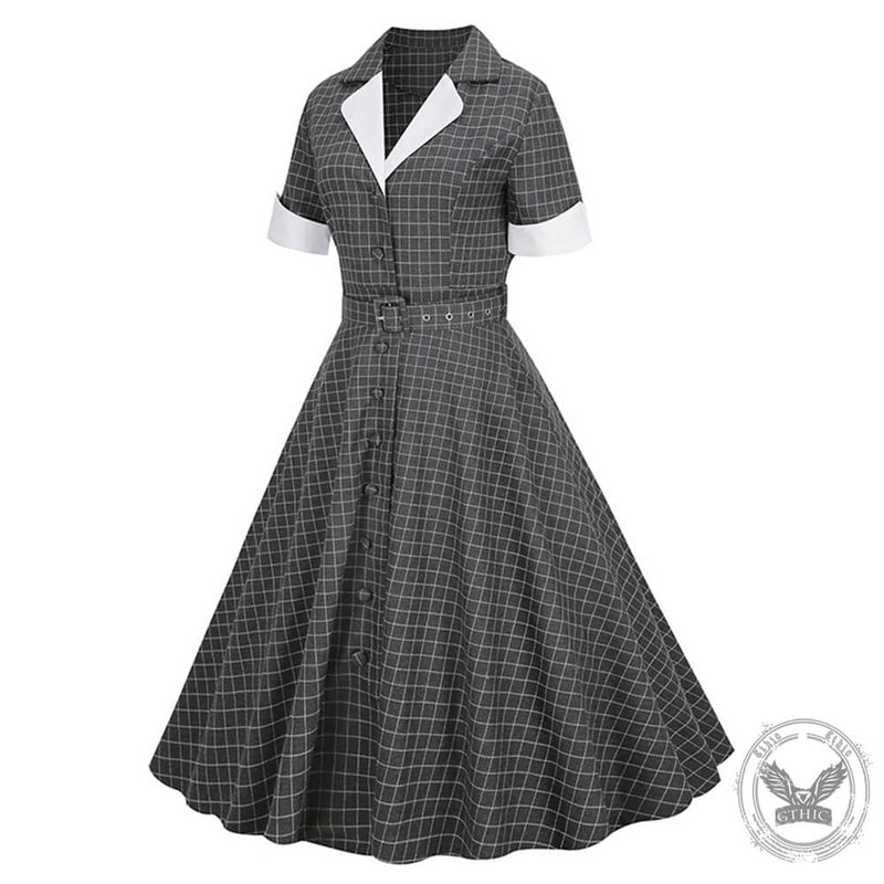 Vintage Plaid V-Neck Belted Dress | Gthic.com