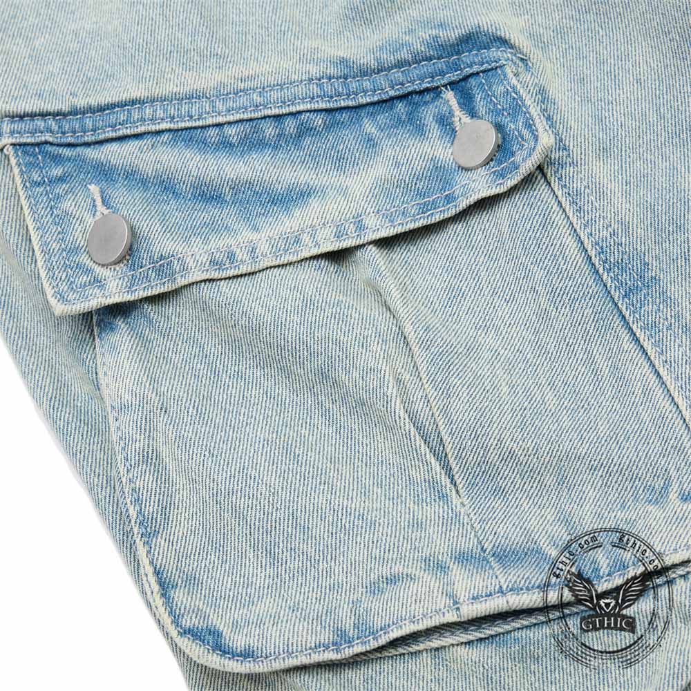 Vintage Pleated Washed Multi-Pocket Cargo Denim Shorts