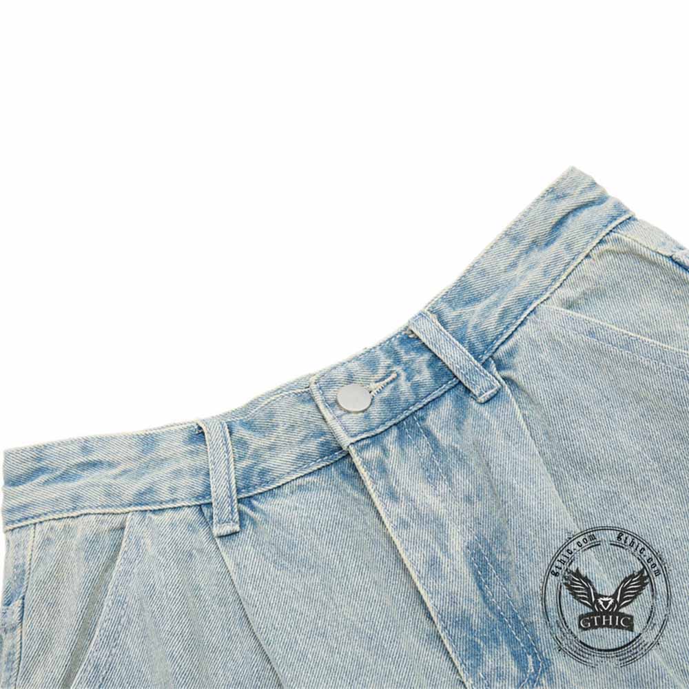Vintage Pleated Washed Multi-Pocket Cargo Denim Shorts