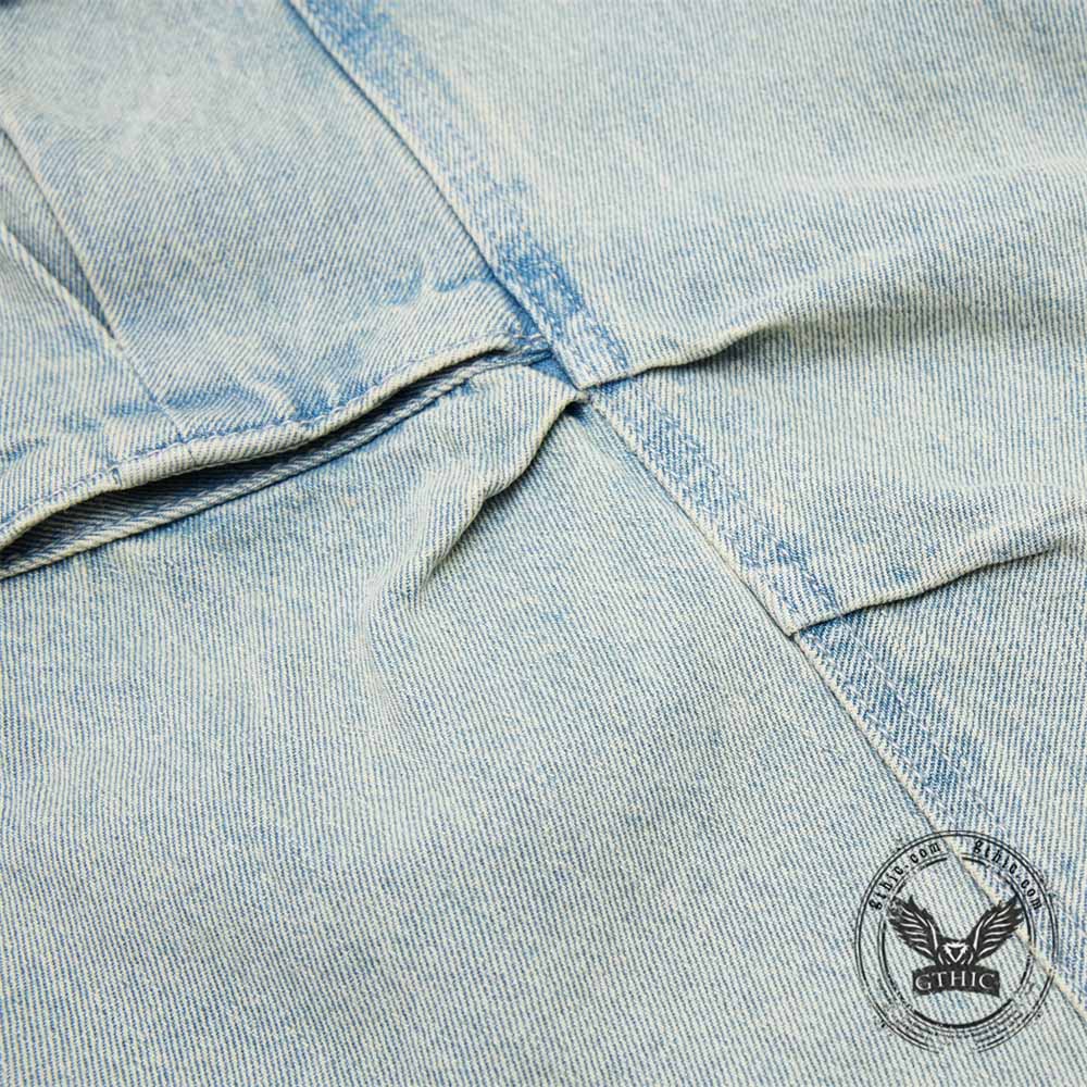 Vintage Pleated Washed Multi-Pocket Cargo Denim Shorts