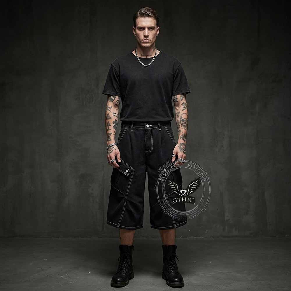 Vintage Pleated Washed Multi-Pocket Cargo Denim Shorts | Gthic.com