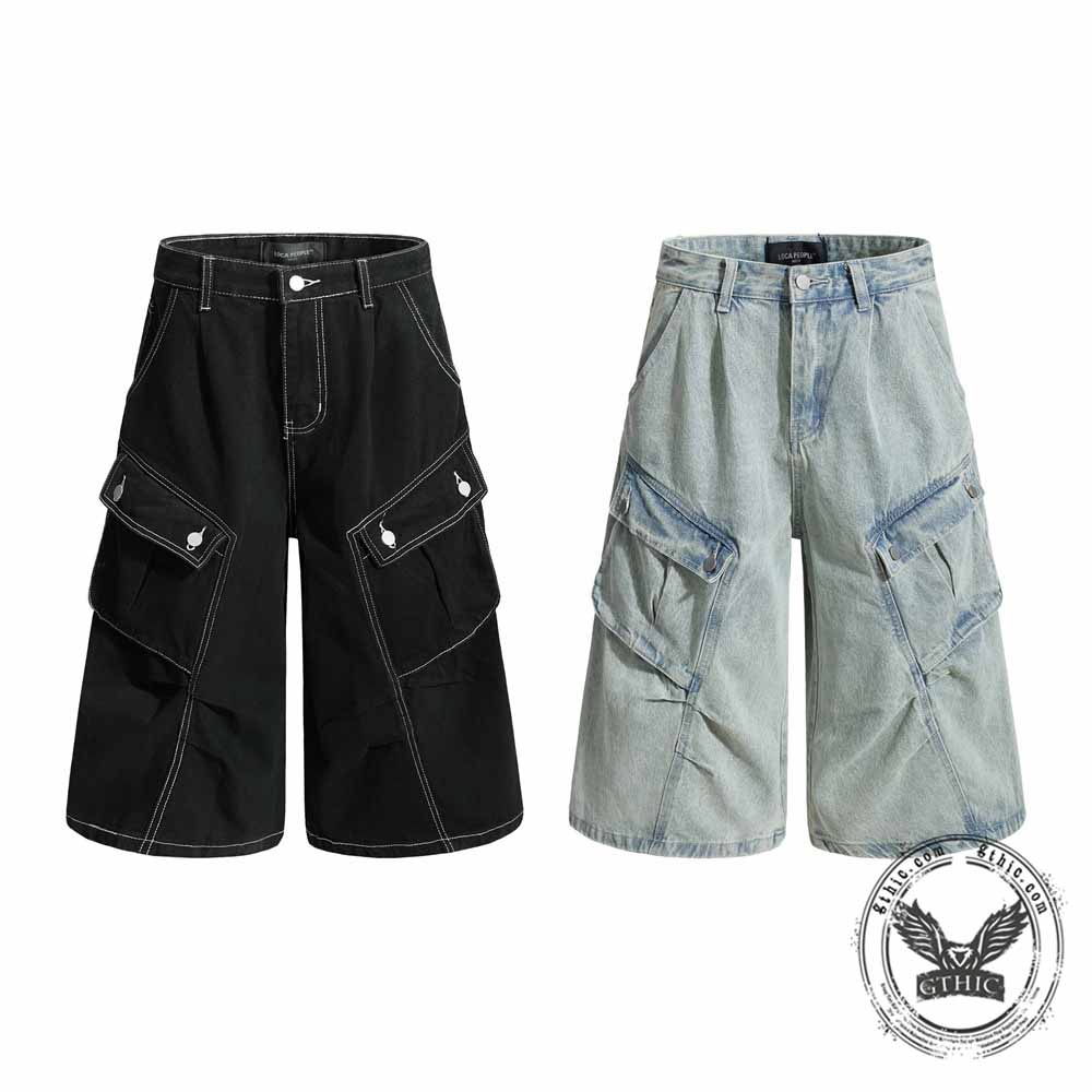 Vintage Pleated Washed Multi-Pocket Cargo Denim Shorts