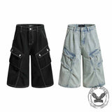 Vintage Pleated Washed Multi-Pocket Cargo Denim Shorts