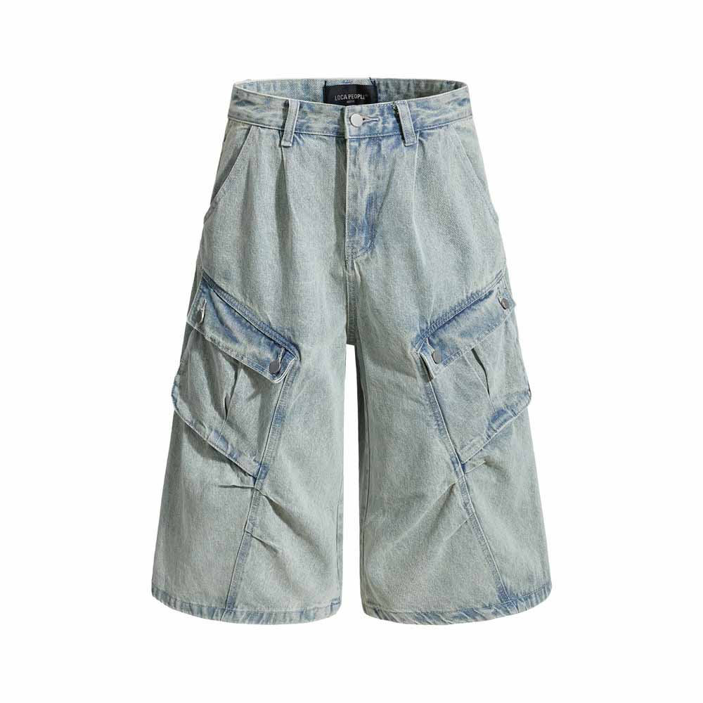 Vintage Pleated Washed Multi-Pocket Cargo Denim Shorts