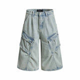Vintage Pleated Washed Multi-Pocket Cargo Denim Shorts