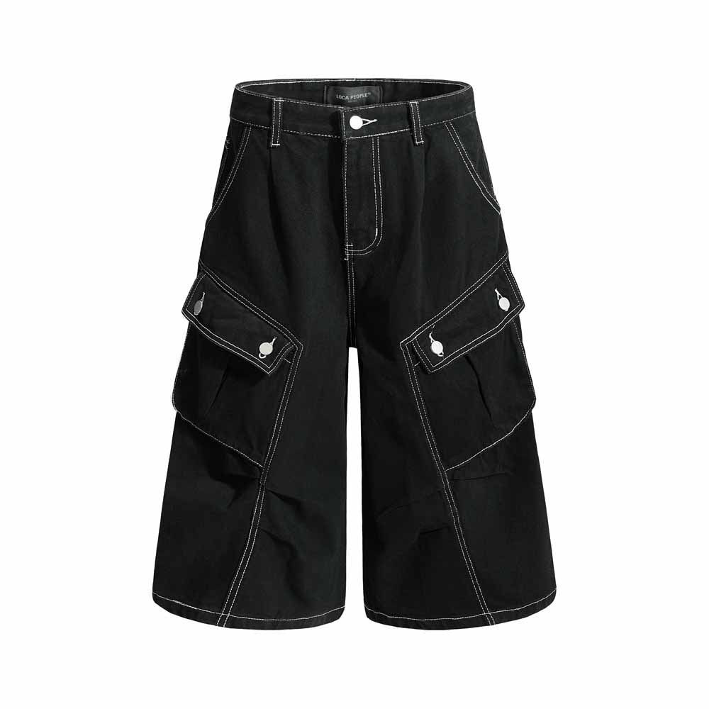 Vintage Pleated Washed Multi-Pocket Cargo Denim Shorts