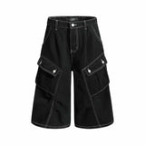 Vintage Pleated Washed Multi-Pocket Cargo Denim Shorts