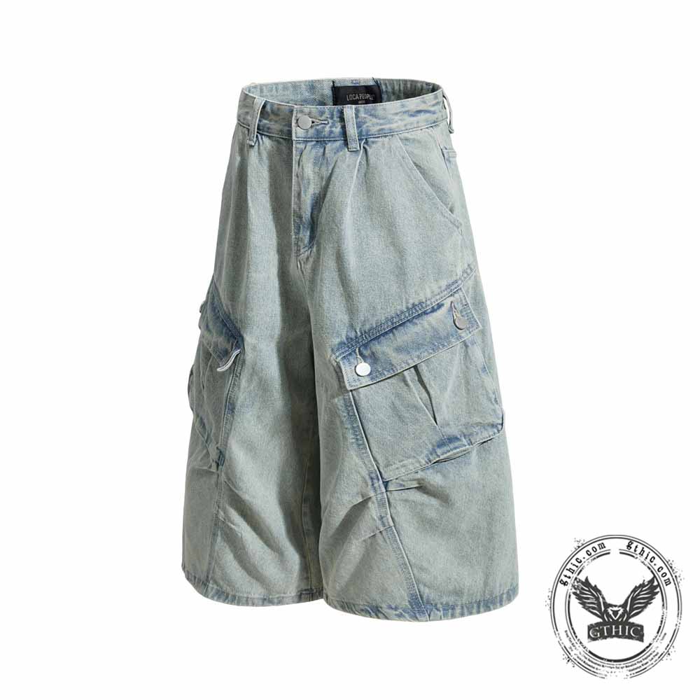 Vintage Pleated Washed Multi-Pocket Cargo Denim Shorts