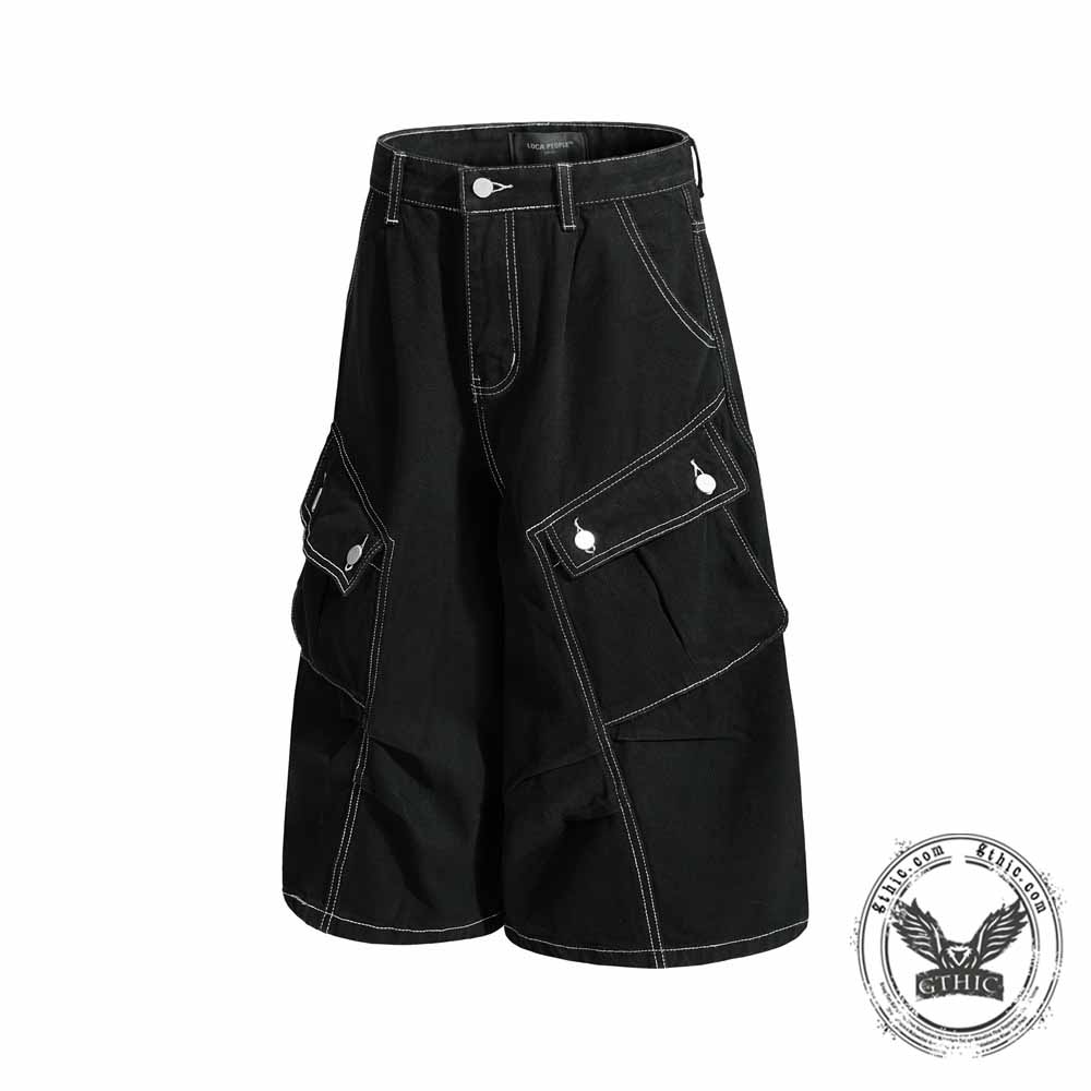 Vintage Pleated Washed Multi-Pocket Cargo Denim Shorts