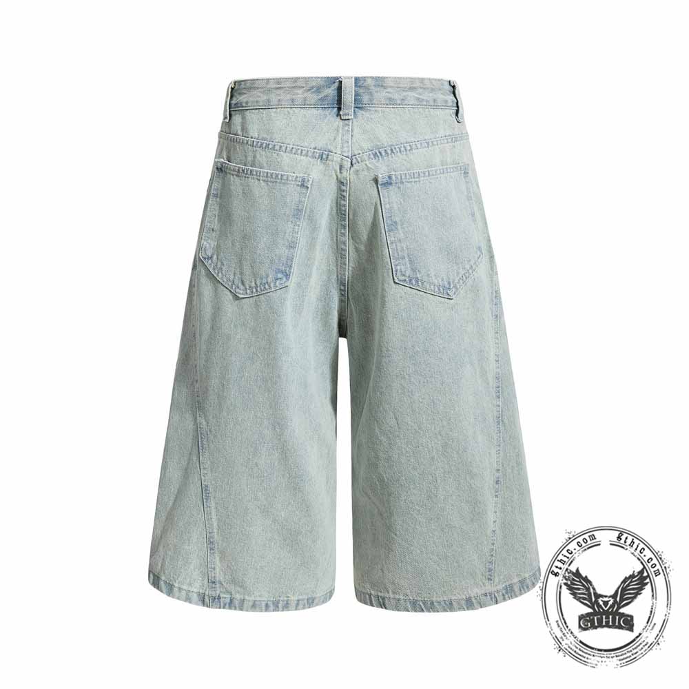 Vintage Pleated Washed Multi-Pocket Cargo Denim Shorts