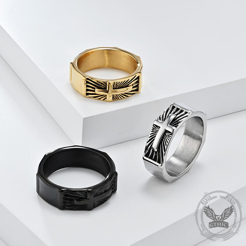 Vintage Polished Cross Pattern Stainless Steel Ring 01 | Gthic.com