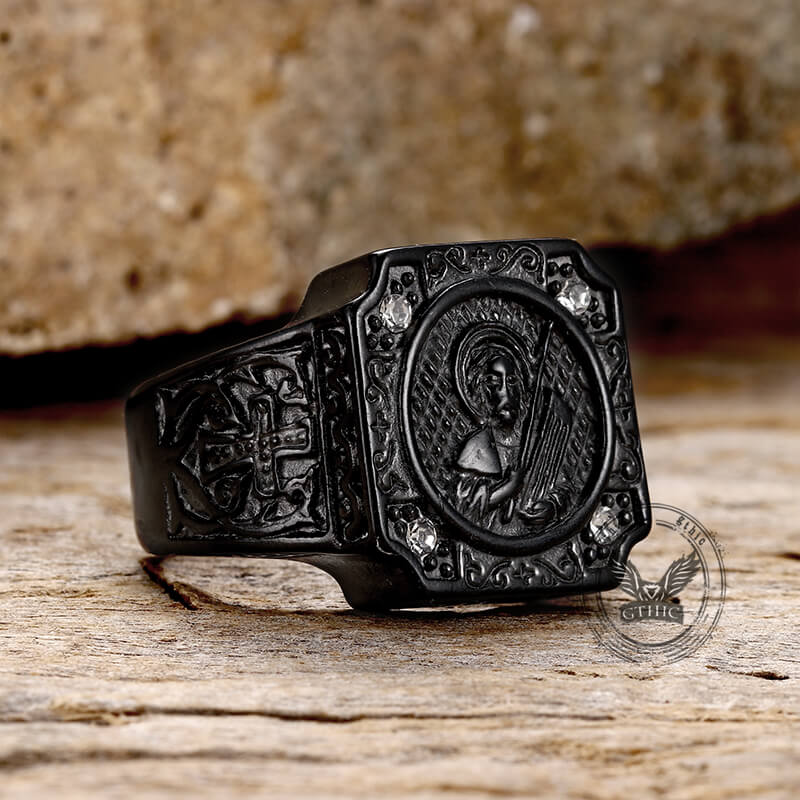 Vintage Portrait Cross Stainless Steel Ring