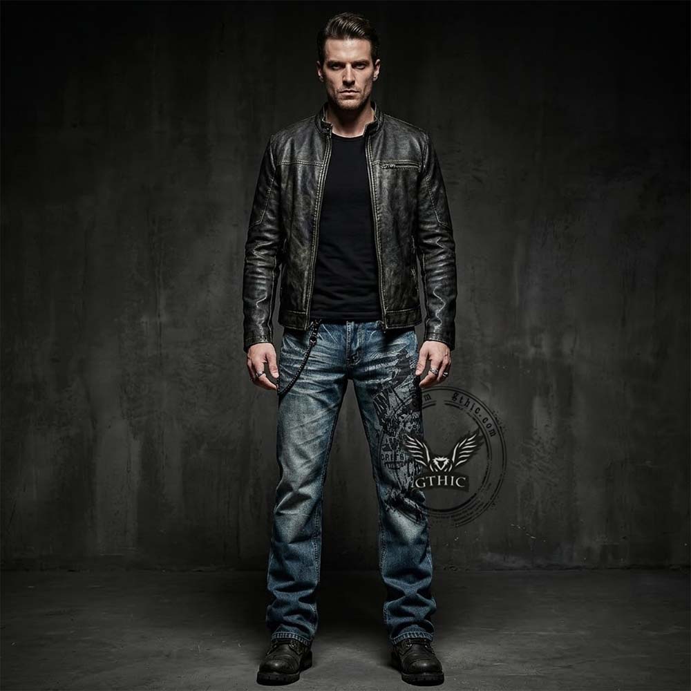 Vintage Printed Bootcut Biker Cotton Jeans | Gthic.com