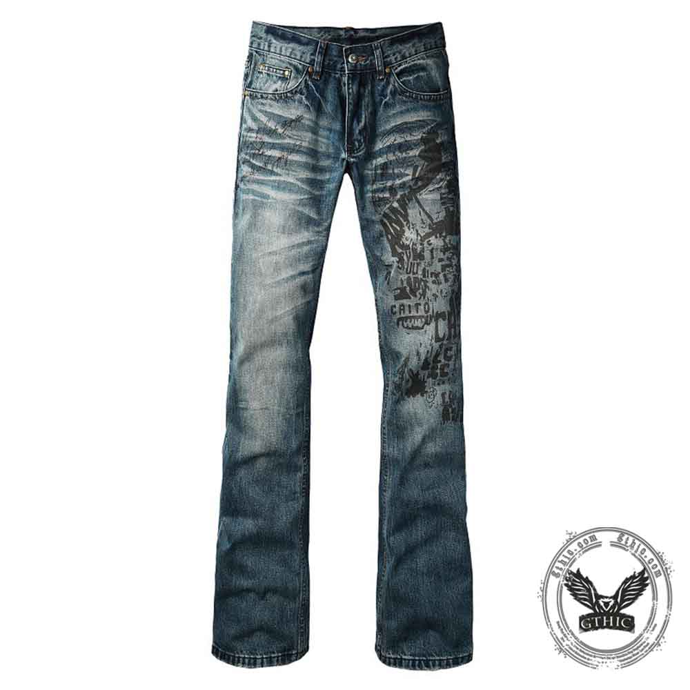 Vintage Printed Bootcut Biker Cotton Jeans | Gthic.com