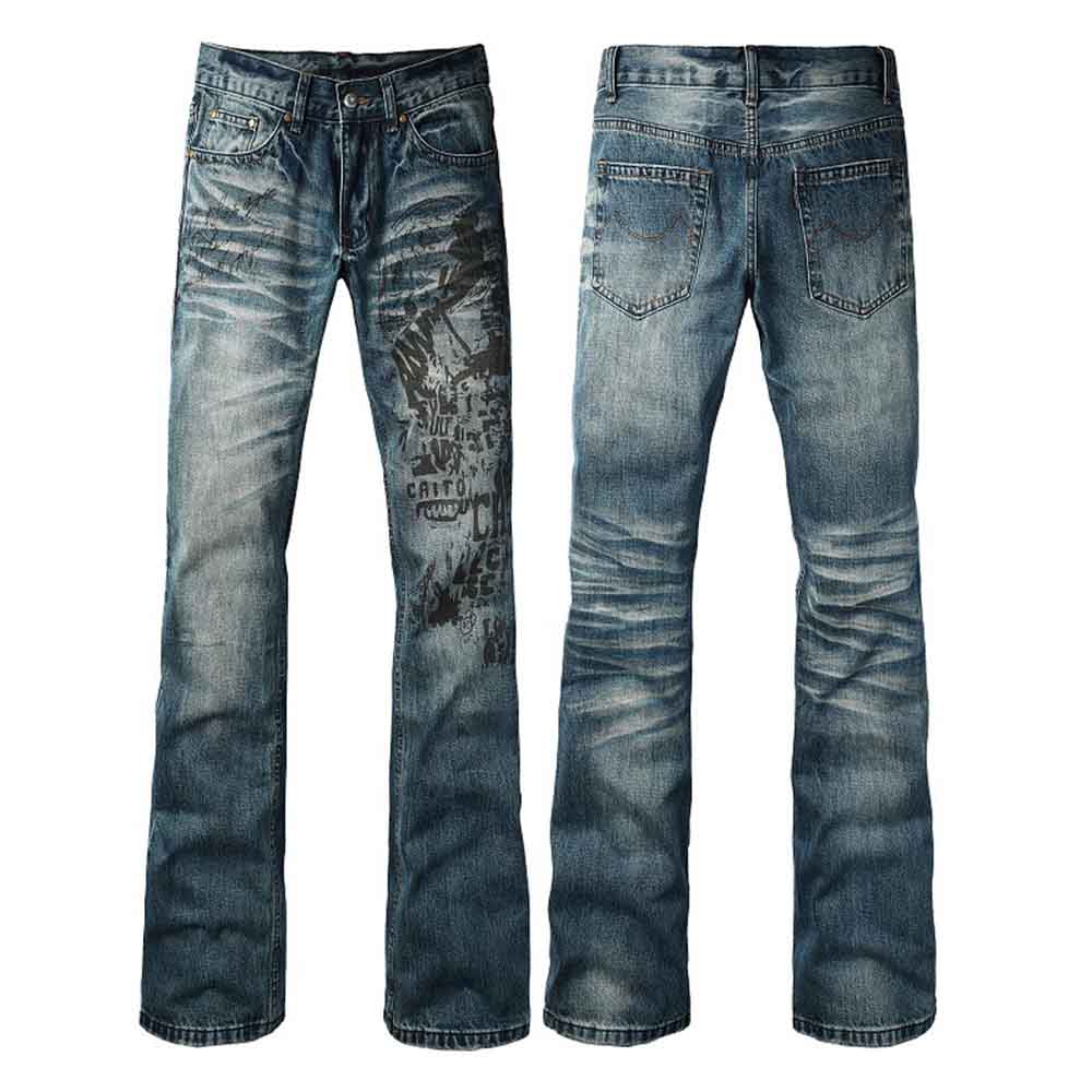 Vintage Printed Bootcut Biker Cotton Jeans
