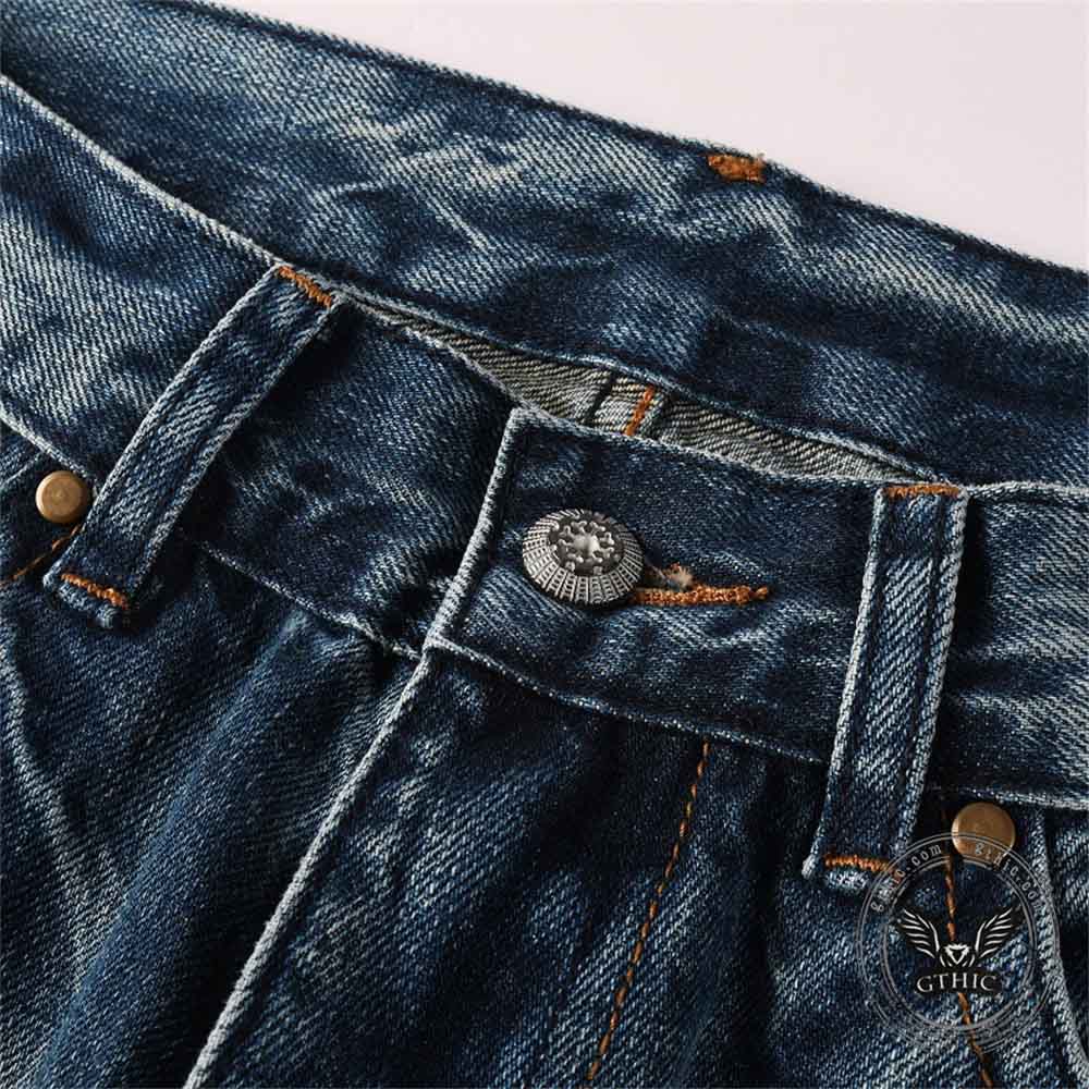 Vintage Printed Bootcut Biker Cotton Jeans