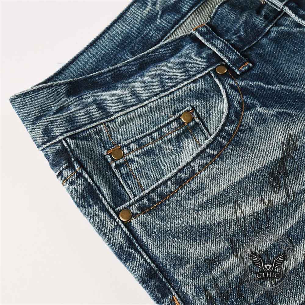 Vintage Printed Bootcut Biker Cotton Jeans