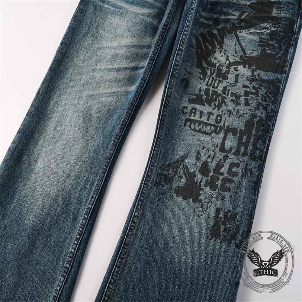 Vintage Printed Bootcut Biker Cotton Jeans