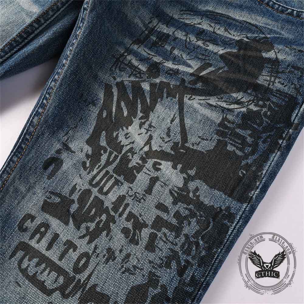 Vintage Printed Bootcut Biker Cotton Jeans