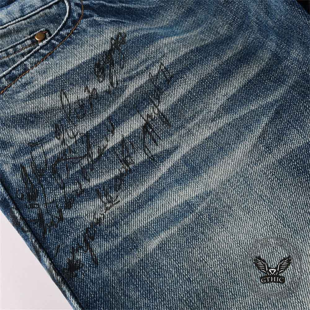 Vintage Printed Bootcut Biker Cotton Jeans