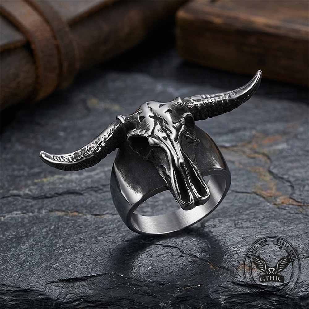 Vintage Ram Horn Skull Stainless Steel Ring | Gthic.com