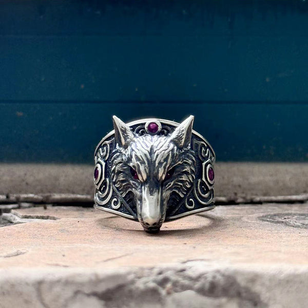 Vintage Red Eyed Wolf Zircon Sterling Silver Ring | Gthic.com