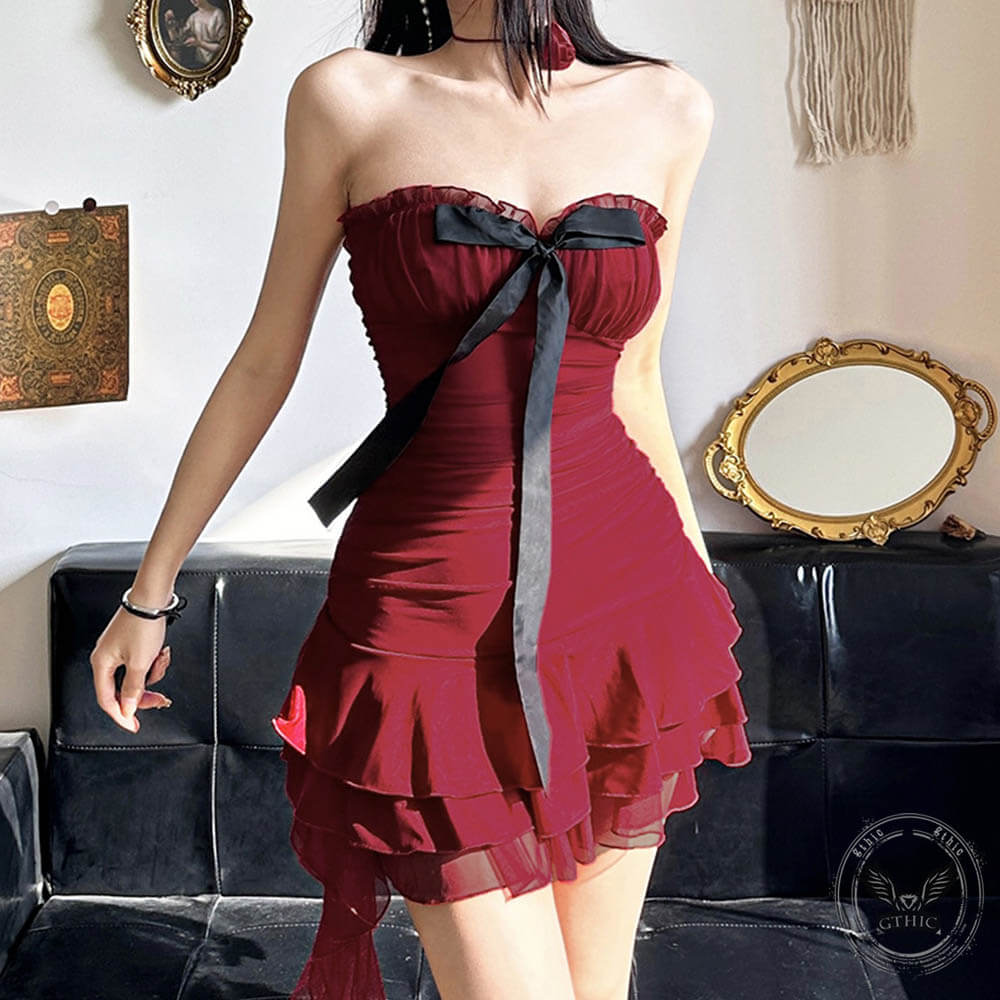 Vintage Red Tube Top Bow Pleated Cake Dress 03 | Gthic.com