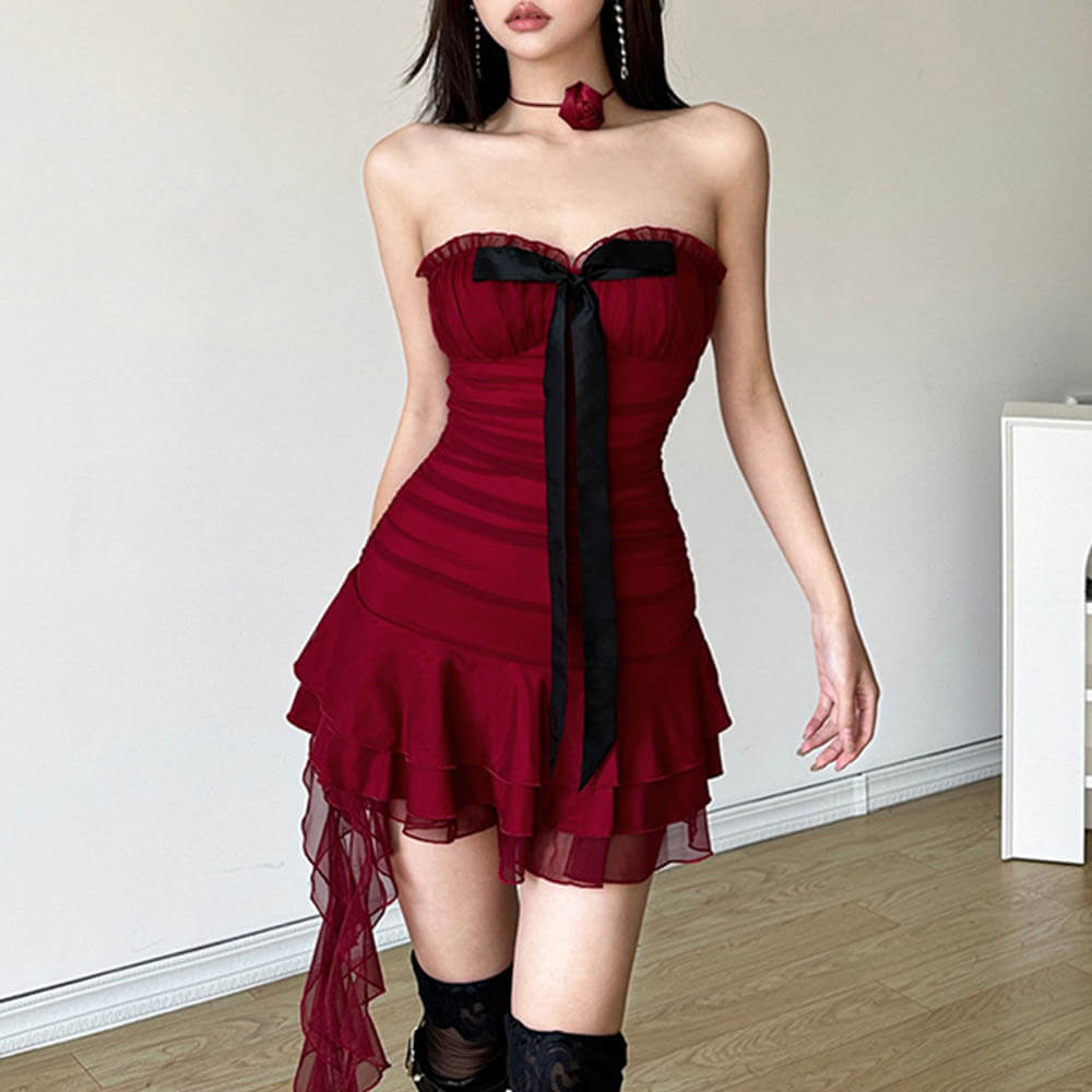Vintage Red Tube Top Bow Pleated Cake Dress