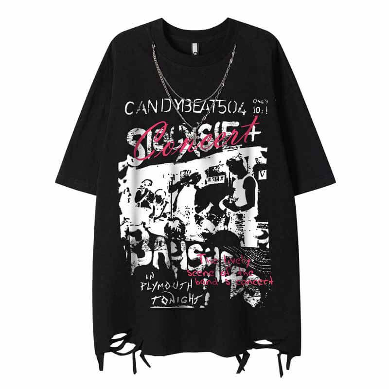 Vintage Rock Singer Character Print Ripped T-shirt 02 | Gthic.com