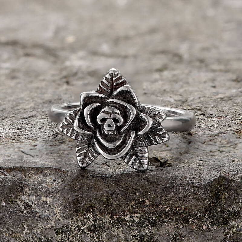Vintage Rose Skull Stainless Steel Ring | Gthic.com