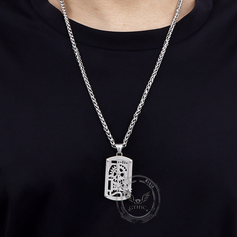 Vintage Rotatable Gear Stainless Steel Square Pendant