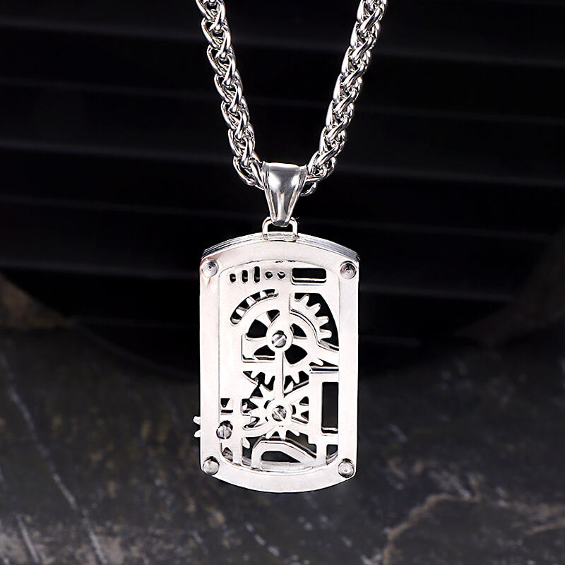 Vintage Rotatable Gear Stainless Steel Square Pendant