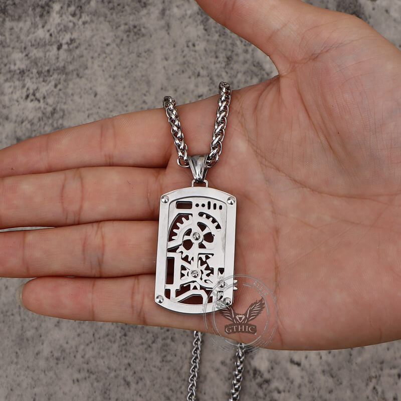 Vintage Rotatable Gear Stainless Steel Square Pendant