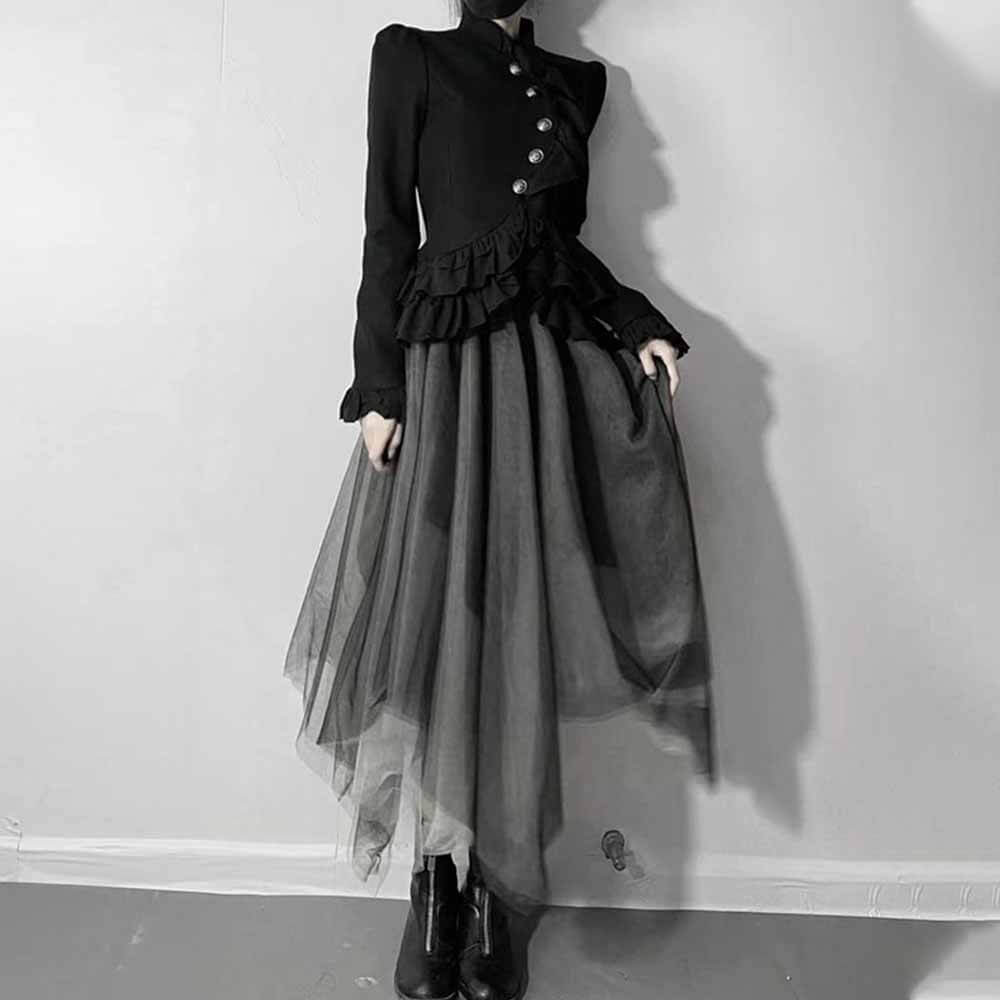 Vintage Ruffled Top Irregular Tulle Skirt Set 01 | Gthic.com