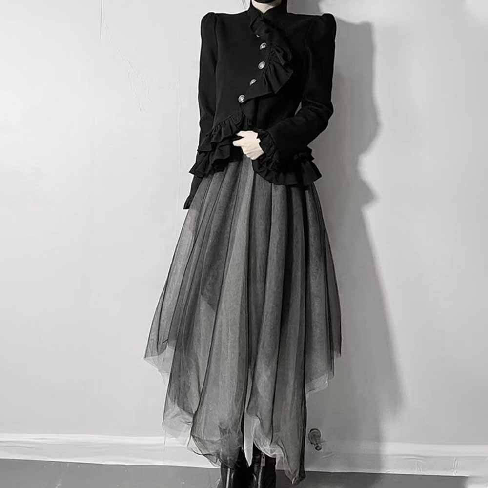 Vintage Ruffled Top Irregular Tulle Skirt Set