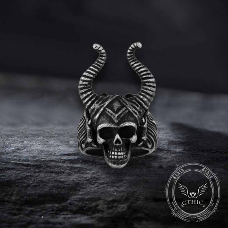 Anello teschio in acciaio inossidabile con corno Satan Devil