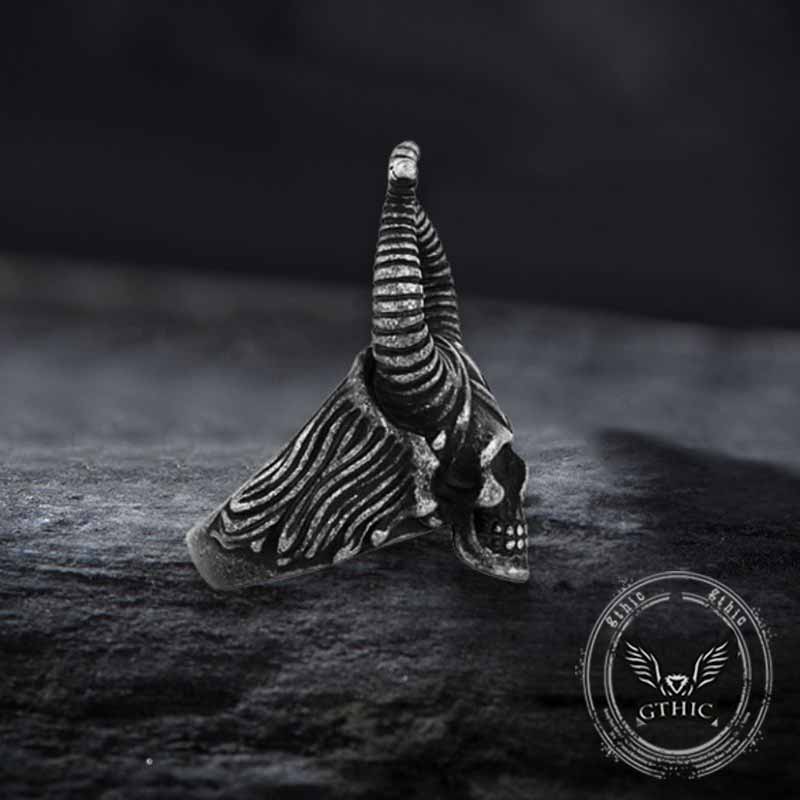 Anello teschio in acciaio inossidabile con corno Satan Devil