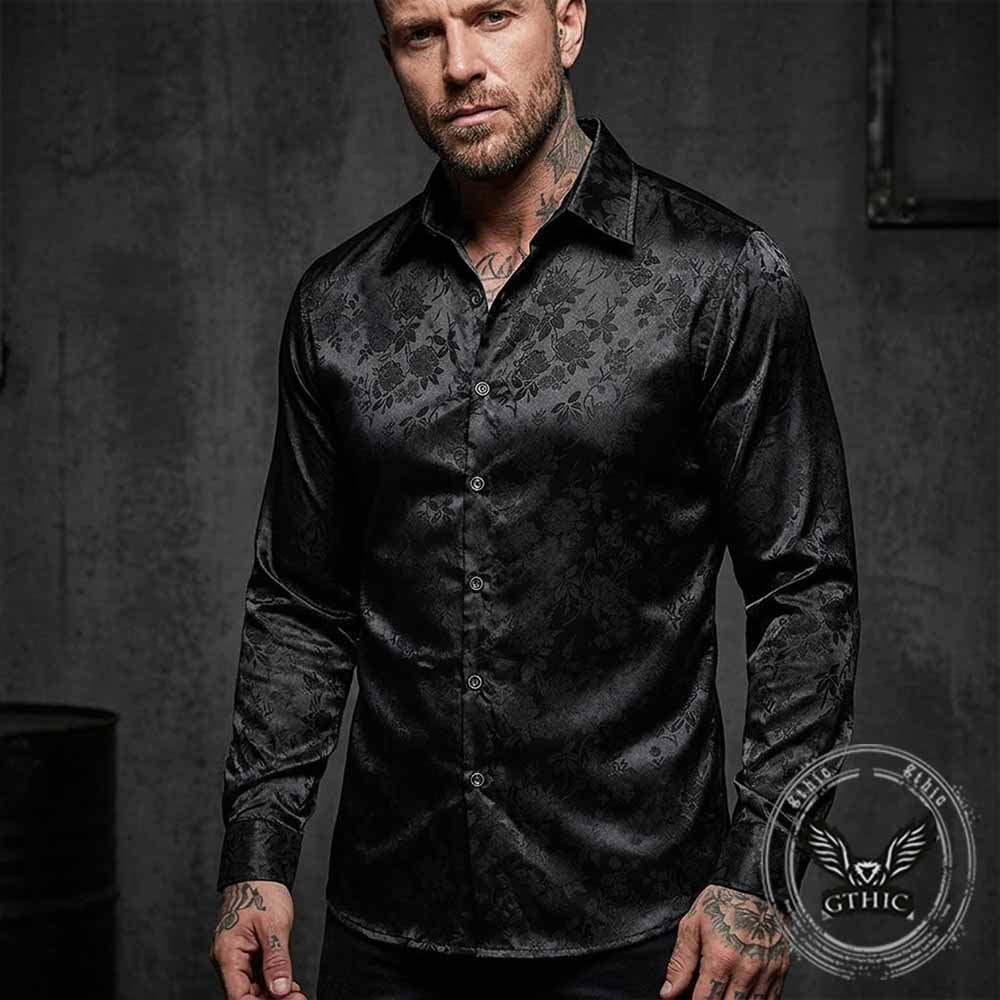 Vintage Satin Floral Jacquard Long Sleeve Shirt | Gthic.com