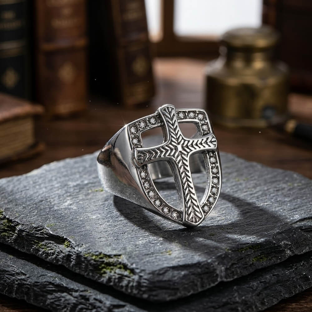 Vintage Shield Cross Diamond Stainless Steel Ring