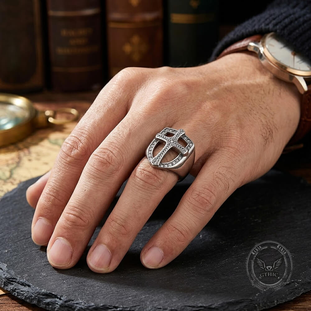Vintage Shield Cross Diamond Stainless Steel Ring | Gthic.com