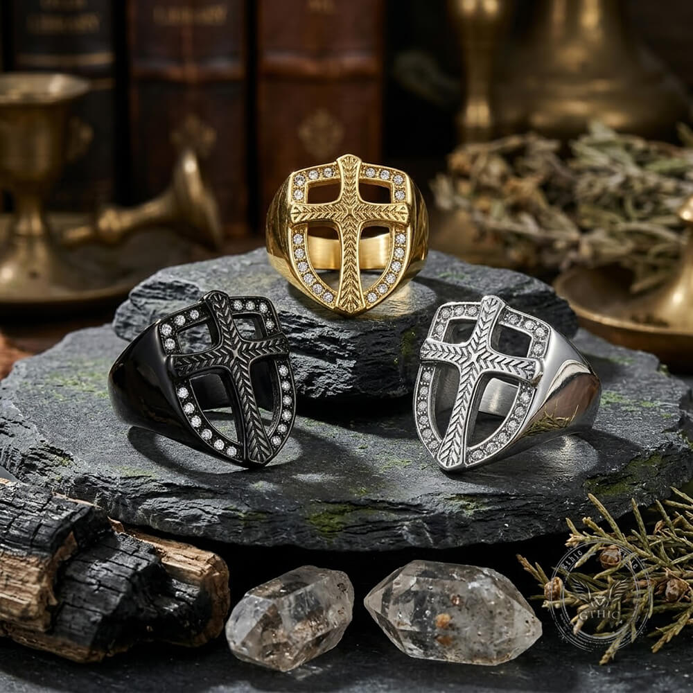 Vintage Shield Cross Diamond Stainless Steel Ring | Gthic.com