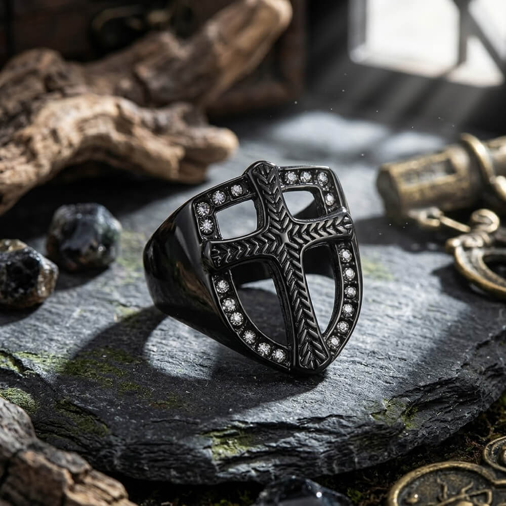Vintage Shield Cross Diamond Stainless Steel Ring