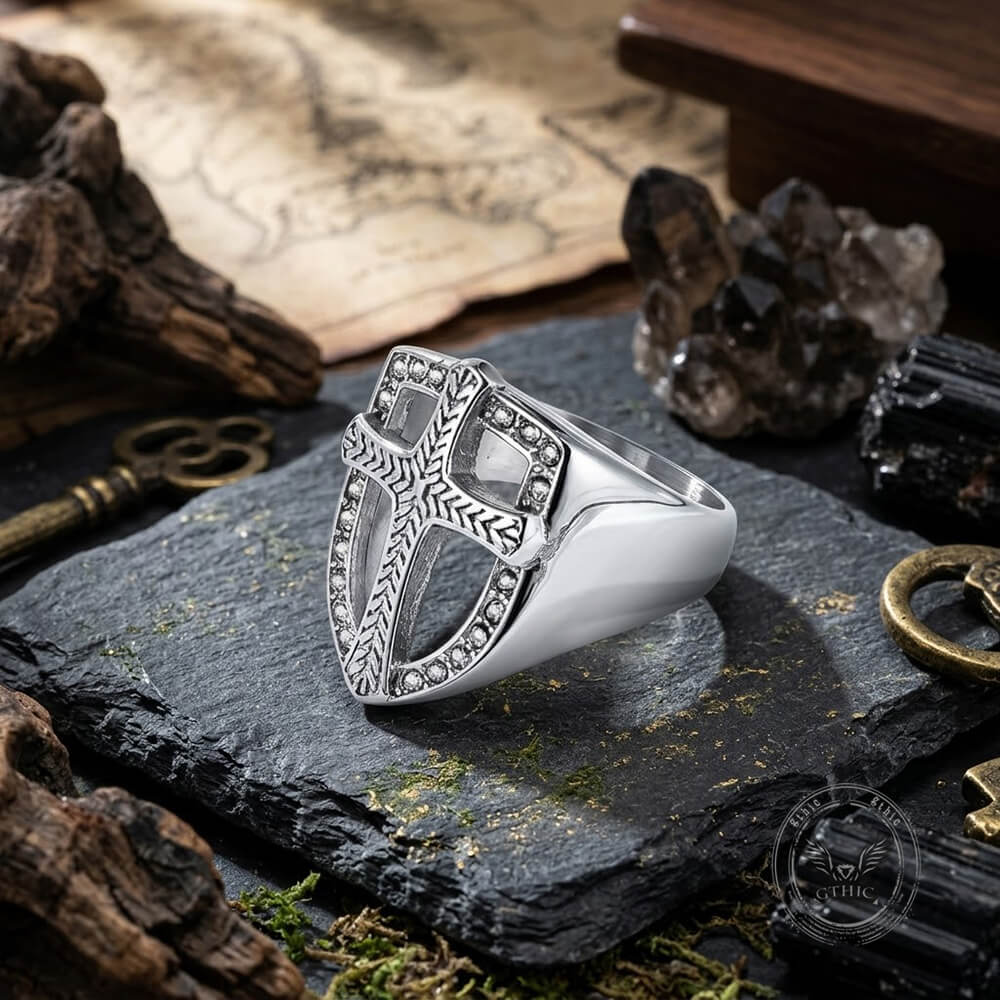 Vintage Shield Cross Diamond Stainless Steel Ring