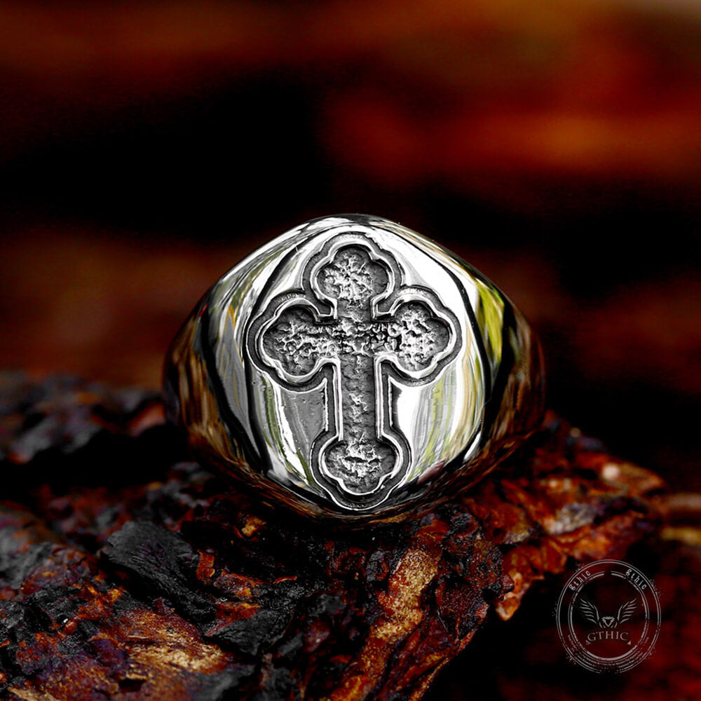 Vintage Shield Cross Stainless Steel Signet Ring | Gthic.com