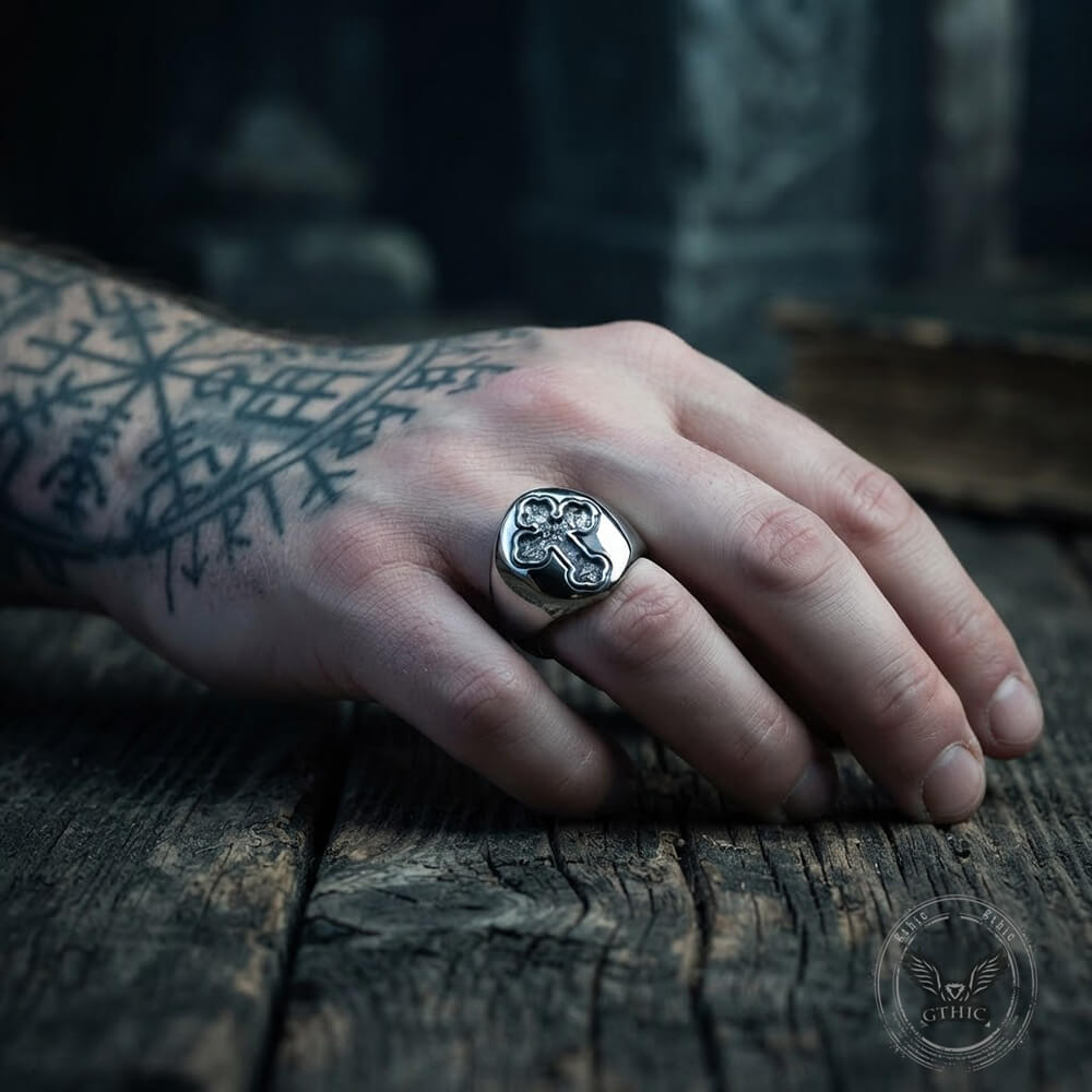 Vintage Shield Cross Stainless Steel Signet Ring | Gthic.com