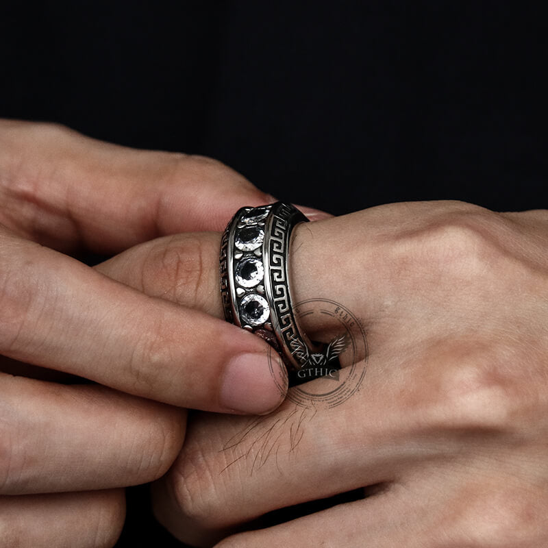 Vintage Six-Word Mantra Zircon Stainless Steel Ring