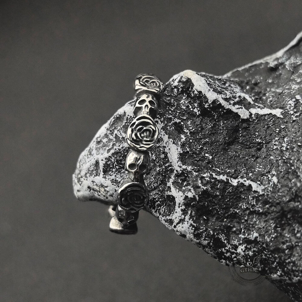Vintage Skull And Rose Stainless Steel Stackable Ring Set  | Gthic.com